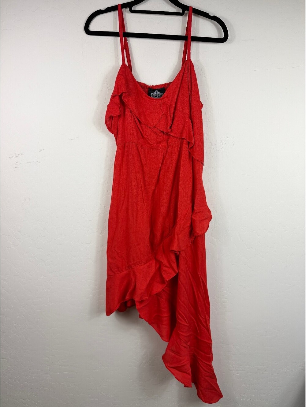 Angie Red Boho Asymmetrical Ruffle High Low Spaghetti Strap Dress M